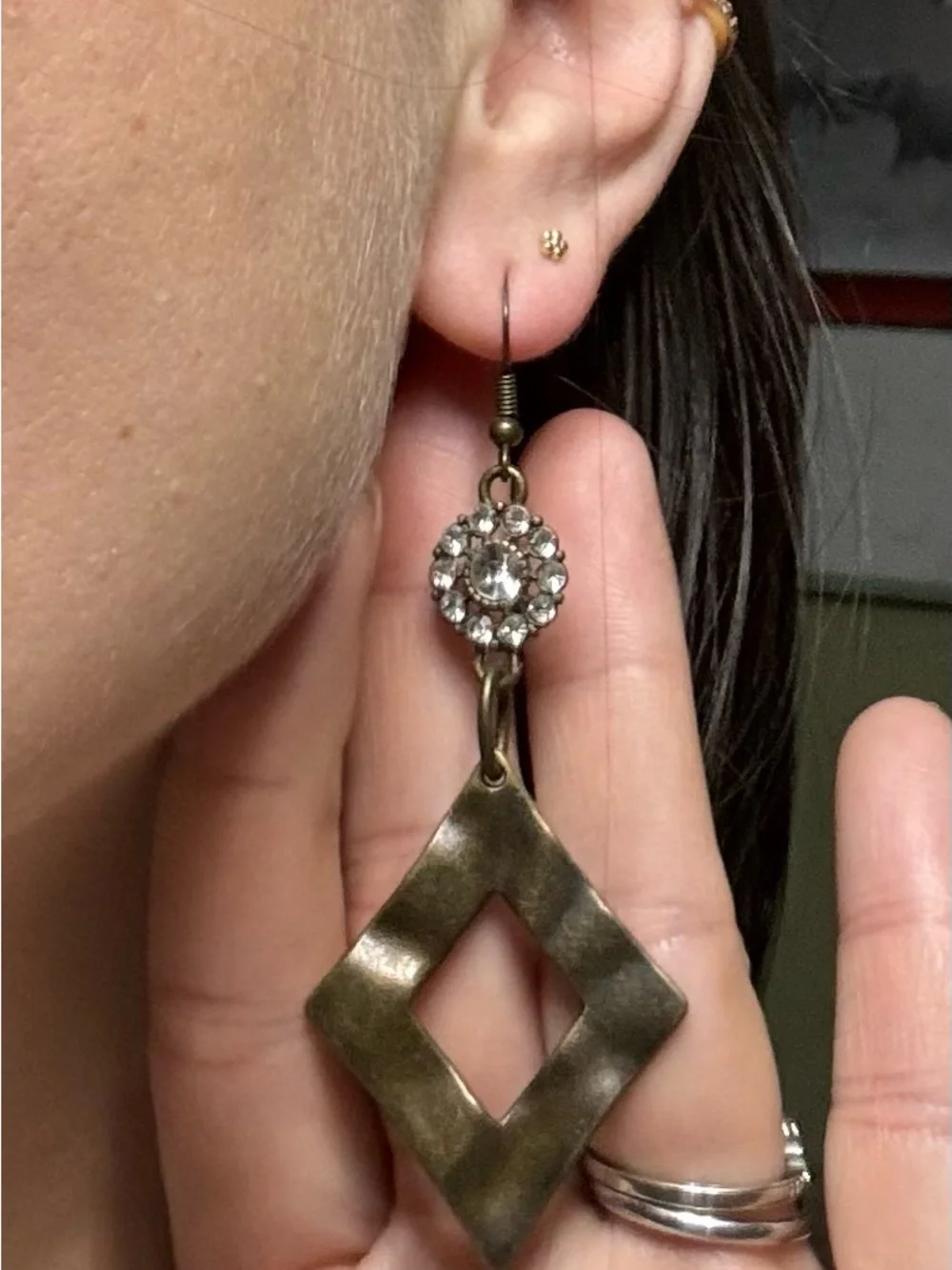 Brass Diamond Drop Earrings with Crystal Accent - Gold Tone